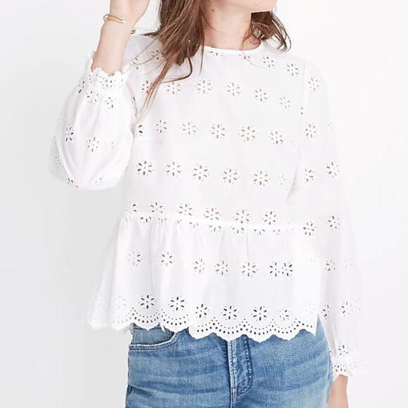 Madewell White Eyelet Keyhole Peplum Top - Picture 1 of 8